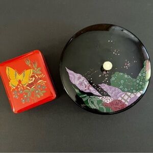 Vintage Lacquer Jewelry Trinket Boxes Burgundy Red Black Butterflies Mod Set 2x